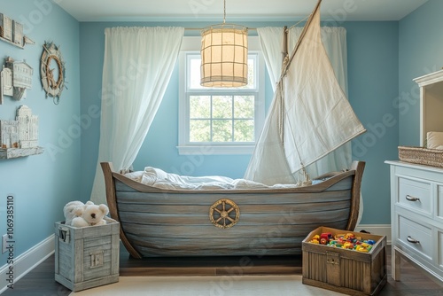 Nautical themed nursery decor featuring sailboat bed, aqua walls, and toy treasure chest