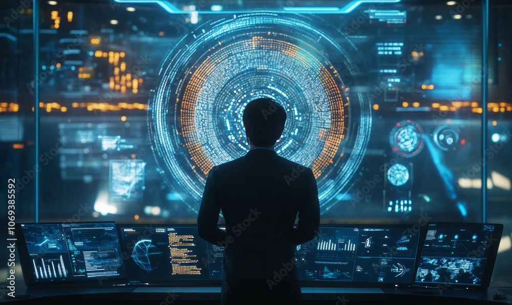 Hologram powered risk prediction, glowing data streams, advanced corporate environment Hologram powered risk prediction, glowing data streams, advanced corporate environment