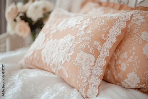 Fond corail poussiéreux avec motifs floraux en dentelle ivoire pour une touche romantique..