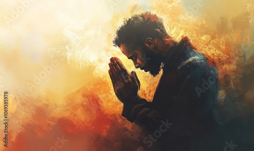 Illustration of a man in prayer, bowing his head in deep contemplation, symbolizing faith, devotion, and humility, set against a peaceful background