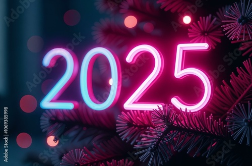 Merry Christmas and Happy New Year 2025! Neon number 2025 on the background of a Christmas tree and holiday lights, trends of 2025