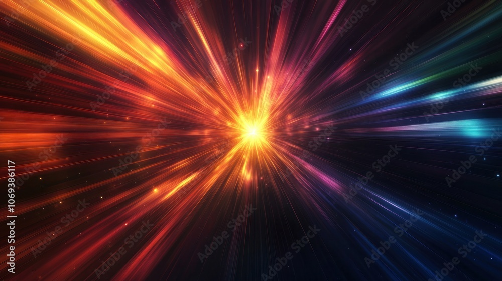 Dark abstract background with colorful light rays emanating from the center.
Dark abstract background with colorful light rays emanating from the center.