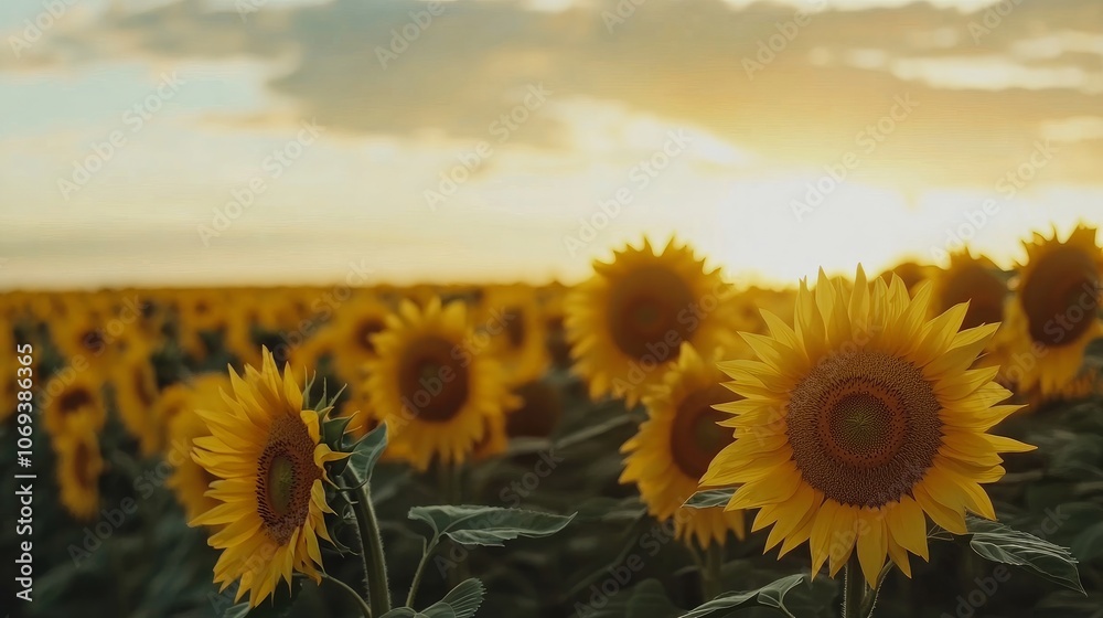 Obraz premium Sunflower field under a cloudy sky. 