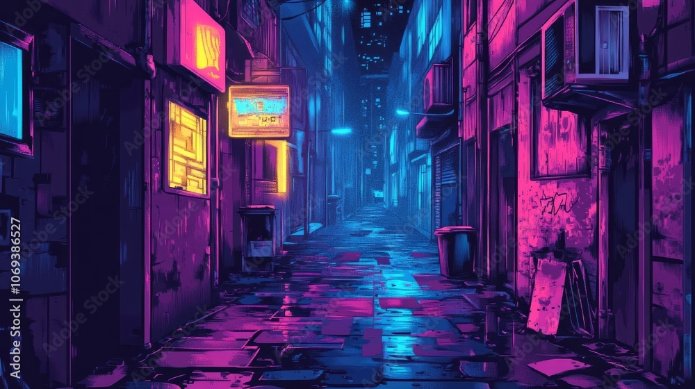 Fototapeta premium Cyberpunk-inspired night alley vector illustration. 