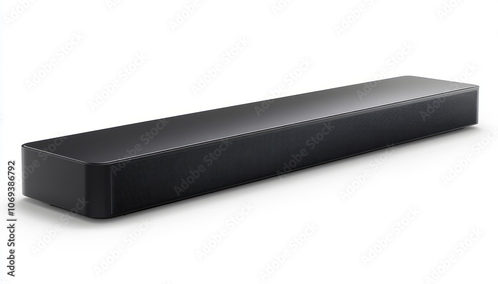 Sleek black soundbar resting on a surface in a modern living room setting Sleek black soundbar resting on a surface in a modern living room setting