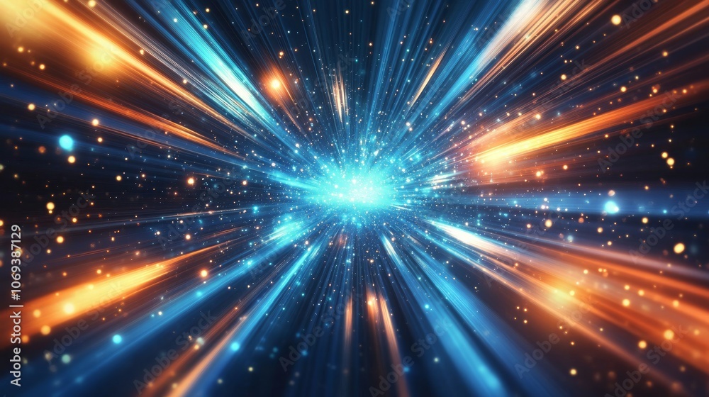 Fototapeta premium Bright radial light beams in blue and orange neon colors.