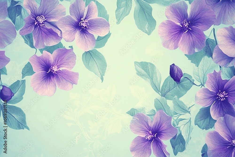 Fototapeta premium Fond vert menthe avec motifs de fleurs violettes dans un style vintage..