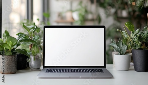 A laptop without content sits on a desk surrounded by lush green plants indoors