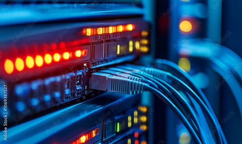 Naklejka premium Data center network, vibrant cables, digital infrastructure connections, modern technology hub