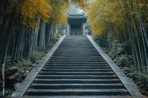 Traditional chinese scene with a long stone staircase leading to a bamboo forest door. photo