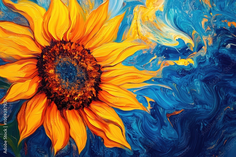 A sunflower in fluid art style, with bold yellow and orange petal shapes that melt seamlessly into a deep blue background A sunflower in fluid art style, with bold yellow and orange petal shapes that melt seamlessly into a deep blue background