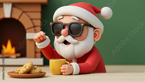 Santa Claus sits by a warm, cozy fireplace, enjoying a mug of hot cocoa and cookies. A comforting holiday scene, perfect for capturing the warmth and tradition of Christmas.
