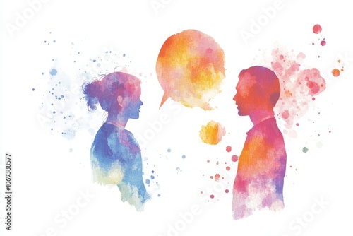 Colorful abstract watercolor illustration of people engaging in conversation with speech bubbles
