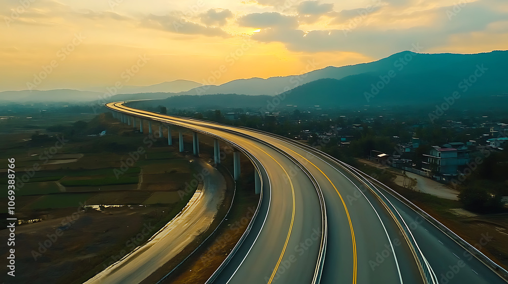Fototapeta premium Scenic curved highway asphalt road with golden sky and mountain in the sunset