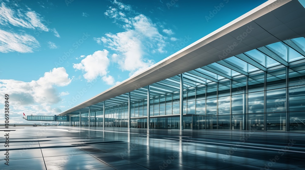 Modern airport terminal with sleek architecture and reflective surfaces under a bright blue sky Modern airport terminal with sleek architecture and reflective surfaces under a bright blue sky