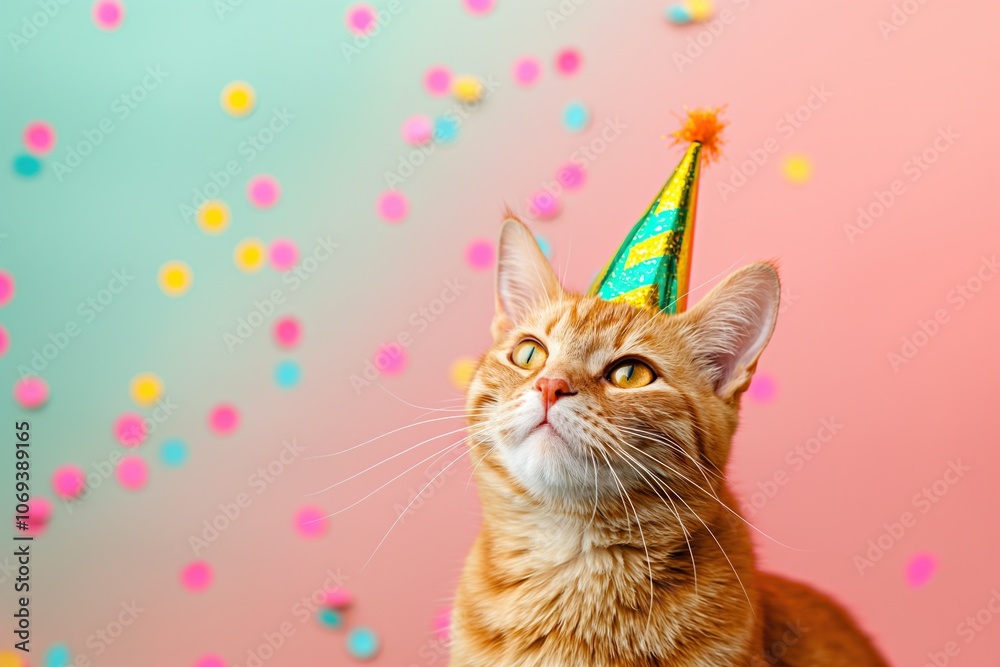 Cute cat wearing birthday hat on bright background with confetti Cute cat wearing birthday hat on bright background with confetti
