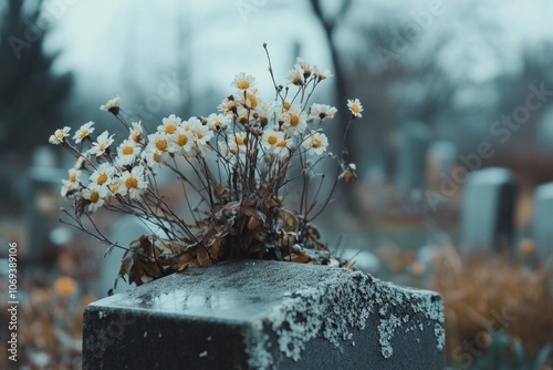 Gravestone surrounded by wilted flowers beneath a gray sky a scene of mourning and reflection