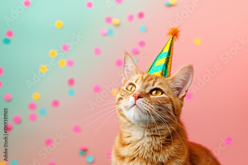 Cute cat wearing birthday hat on bright background with confetti