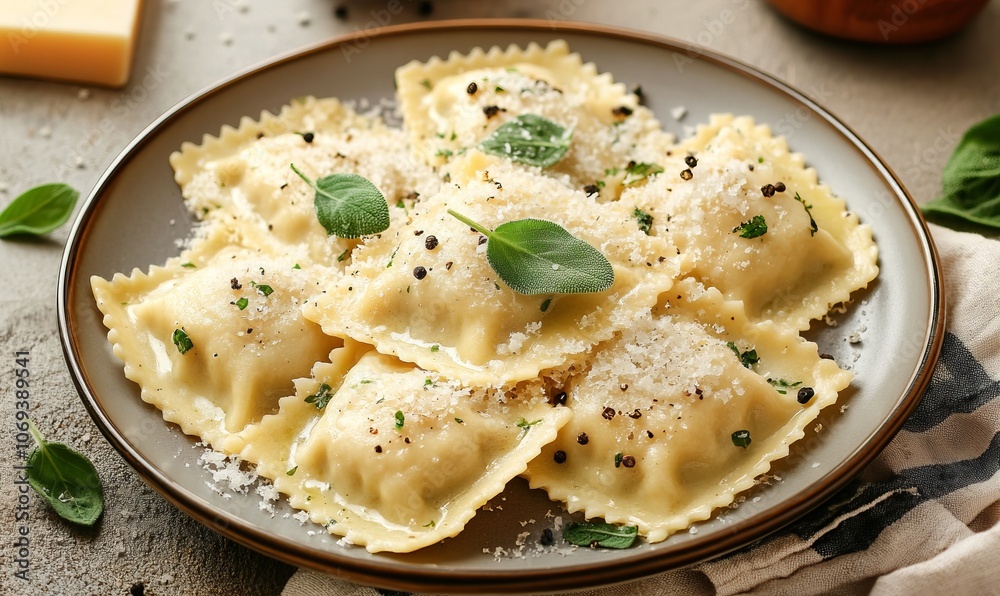 Ravioli with parmesan cheese on a plate. Italian cuisine, homemade ravioli with sage butter sauce, parmesan and pepper