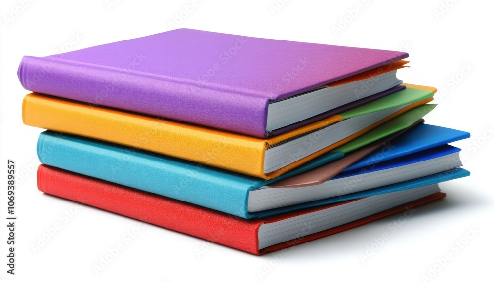 Colorful stack of books resting on a white surface in a well-lit area Colorful stack of books resting on a white surface in a well-lit area