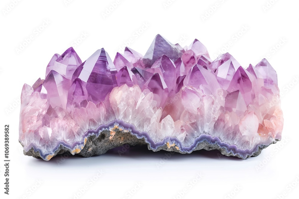 Fototapeta premium Amethyst quartz geode close up. Stone crystals isolated on white background