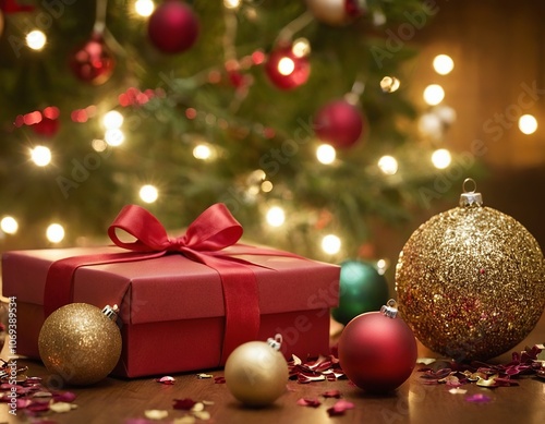 A festive red gift box surrounded by colorful ornaments and twinkling Christmas lights.