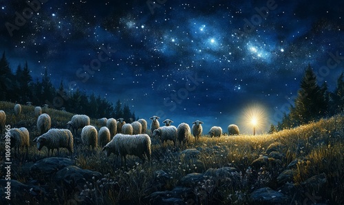Illustration of shepherds in a peaceful night field under a starry sky, with a bright light symbolizing the angelic announcement of Jesus' birth