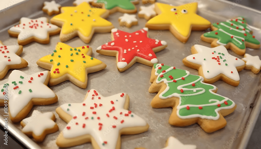 Festive Christmas Sugar Cookies with Colorful Icing on Baking Tray Festive Christmas Sugar Cookies with Colorful Icing on Baking Tray