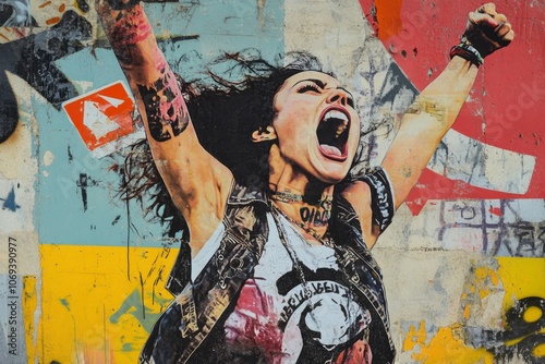 Empowered woman advocating for equality  a striking urban graffiti collage of rebel spirit
