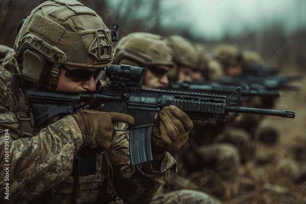 Dynamic image of army soldiers engaged in combat and defending their nation with firearms Dynamic image of army soldiers engaged in combat and defending their nation with firearms