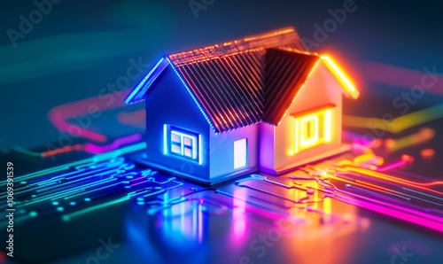 Highspeed fiber optic internet cables connected to a modern smart home hub, glowing in vibrant colors, fiber internet, smart home technology