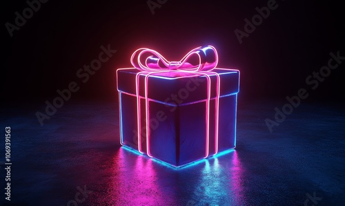 Neon holographic giftbox. Present gift box with bow glowing in the dark. Celebration symbol, discount, Black Friday Sale, giveaway and sale concept photo