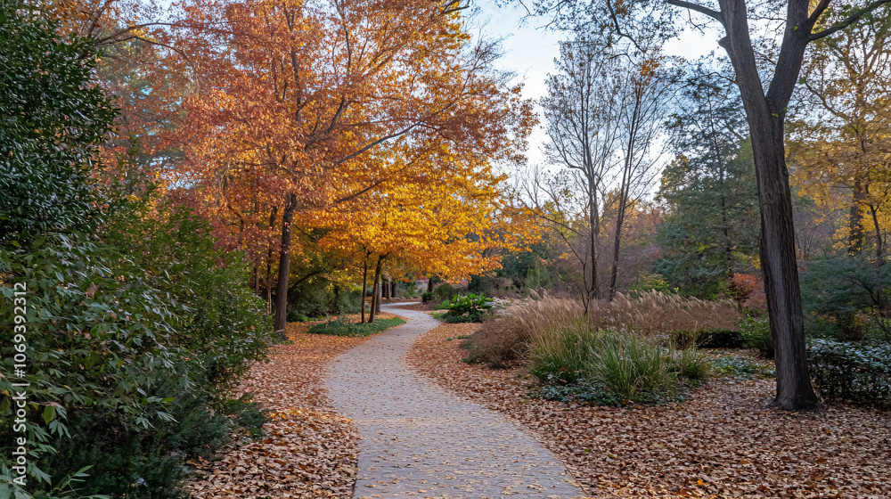 A peaceful path winding through colorful fall trees with golden leaves. A peaceful path winding through colorful fall trees with golden leaves.