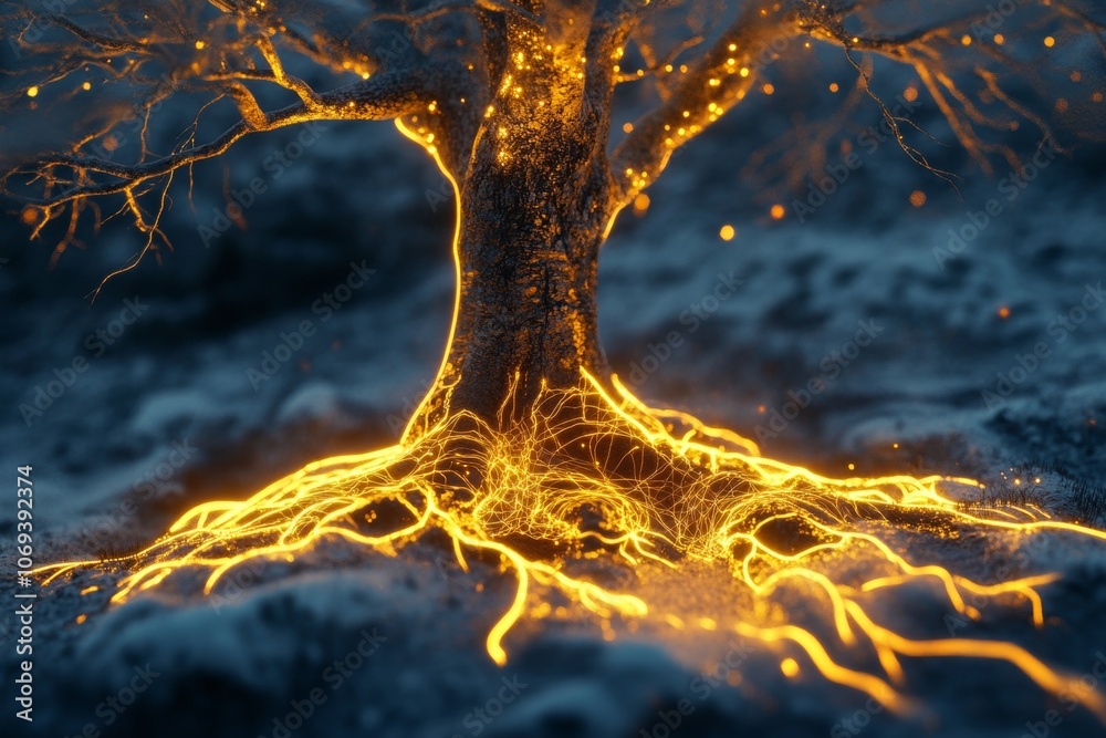 Naklejka premium Abstract 3d tree with illuminated roots and branches representing deep environmental connections