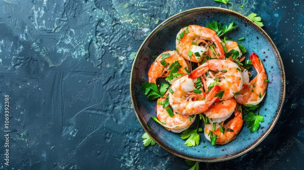 Cassava cream and prawns on a dark blue background, AI generated image