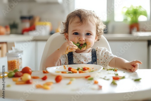Infant in highchair refuses to eat, spitting food out, table and floor covered in food mess.