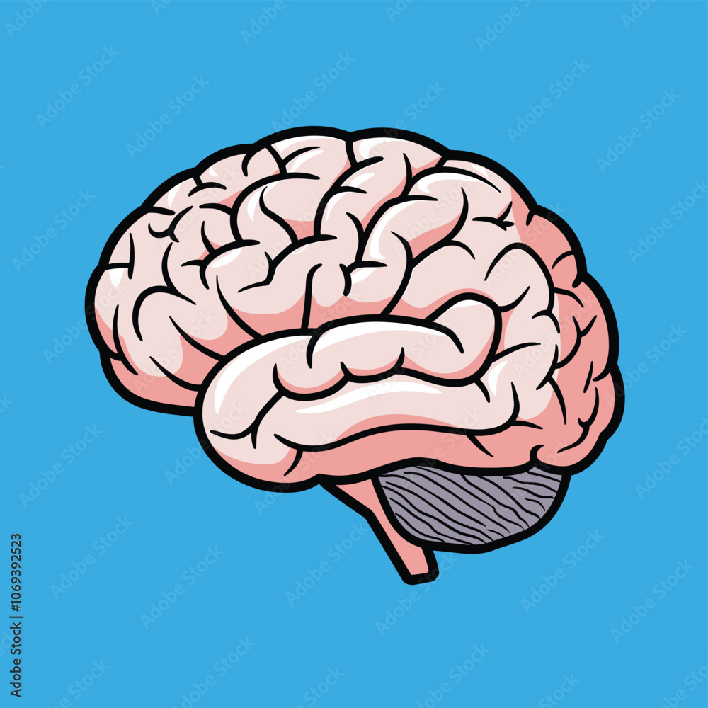 Illustration of a human brain with detailed textures against a vibrant blue background, showcasing the intricate anatomy and complexity of the organ. Illustration of a human brain with detailed textures against a vibrant blue background, showcasing the intricate anatomy and complexity of the organ.
