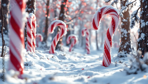 Giant Candy Canes in Snowy Winter Forest photo