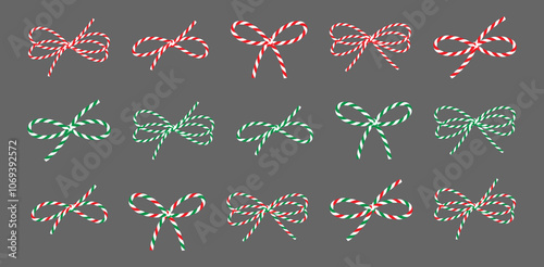 Set isolated on grey background сotton striped red, green rope bakers twine bow, ribbons for gift. Packing string for present, decoration, pastry boxes for Christmas, New Year, birthday. Vector EPS10