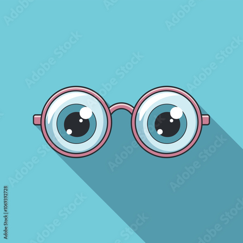 Illustration of oversized glasses with cartoon eyes on a vibrant blue background, casting a long shadow.