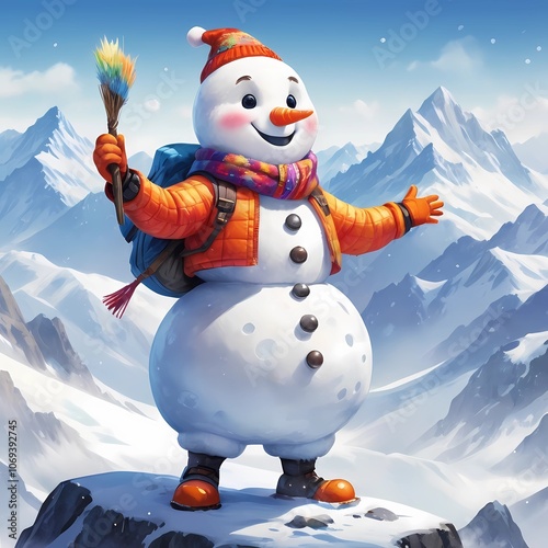 watercolor art, an Prints depicting a snowman surrounded by nowy mountains in the style of vibrant mosaic, brightly colored, joyful