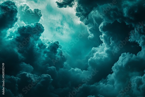 Epic dark blue green sky with thunderclouds dramatic background for your web banner design