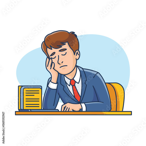 Illustration of a tired man in a suit resting his head on his hand at a desk with a book and laptop.