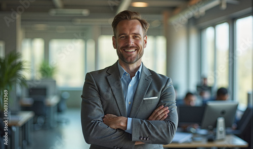 A friendly businessman smiles with his arms crossed in a modern, bright office, expressing confidence, approachability, and success in a professional environment.