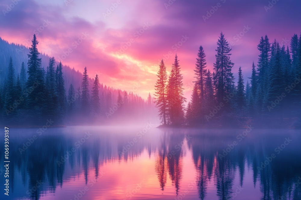 Fototapeta premium Vibrant landscape colorful sky above foggy lake with reflecting pine trees on the shore