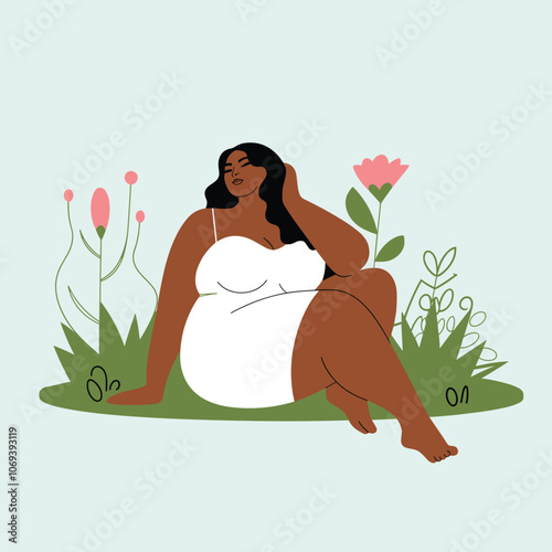 Illustration of a curvy Black woman in a white dress, sitting among stylized flowers against a light background, exuding confidence and tranquility.