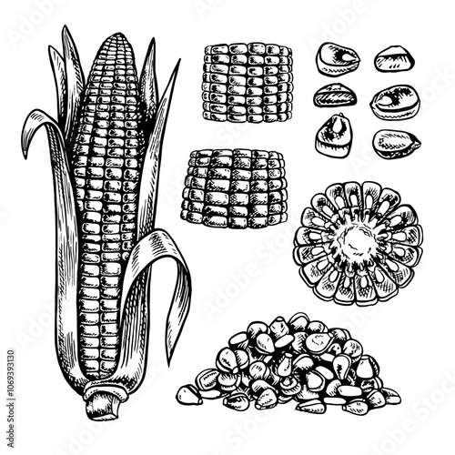 A set with corn. Sliced and whole corn cobs and grains. Vector graphics. Black and white hand-drawn illustration. On a white background. Great for labels, menus, posters and packages.