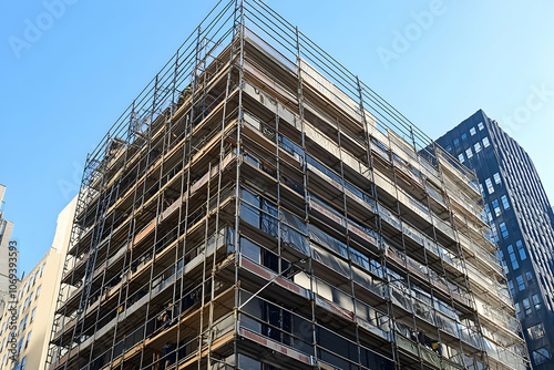 Construction scaffolding frames the building under renovation in a bustling city skyline