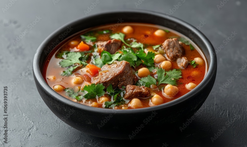 Moroccan Harira Soup in a black bowl on a tabletop made of grey concrete. Moroccan cuisine dish called harira contains lamb or beef, chickpeas, lentils, tomatoes, and cilantro. Iftar meals for Ramadan Moroccan Harira Soup in a black bowl on a tabletop made of grey concrete. Moroccan cuisine dish called harira contains lamb or beef, chickpeas, lentils, tomatoes, and cilantro. Iftar meals for Ramadan