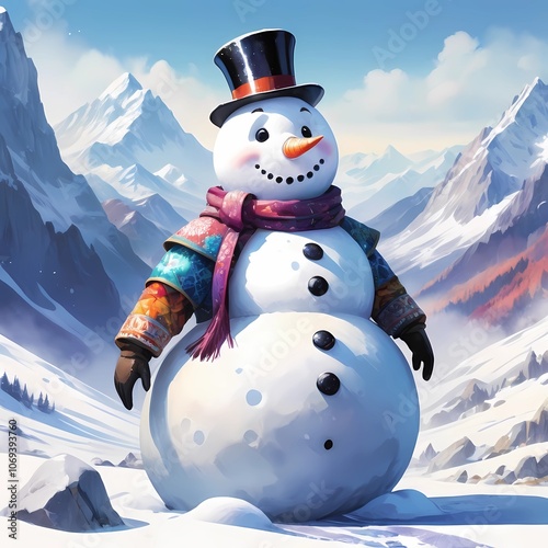 watercolor art, an Prints depicting a snowman surrounded by nowy mountains in the style of vibrant mosaic, brightly colored, joyful